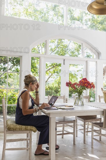 Mature woman with laptop in dining room