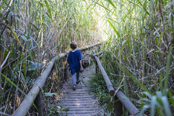 Boy walking on boardwalk