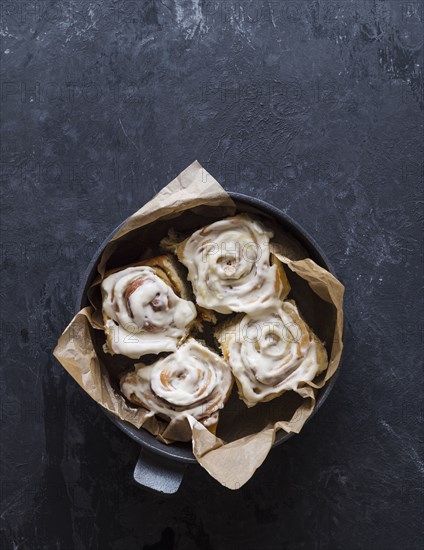 Overhead view of freshly baked cinnamon buns