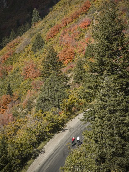 Aerial view of man and woman riding bicycles on country road