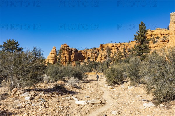 Senior hiker walking in rocky landscape