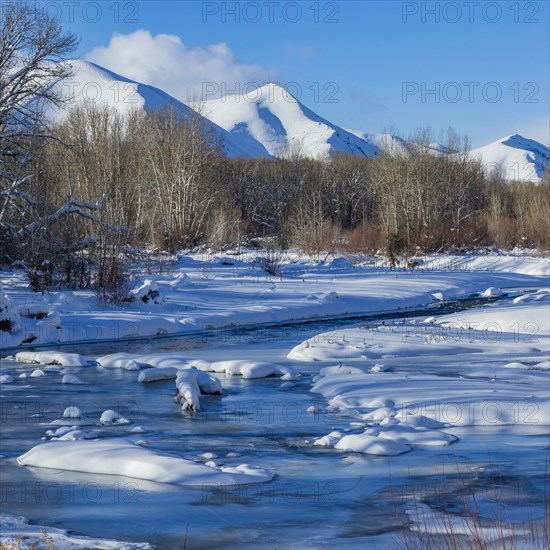 Frozen Big Wood River in mountains