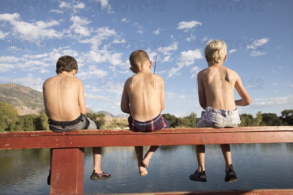 Utah, Highland, Rear view of shirtless boys