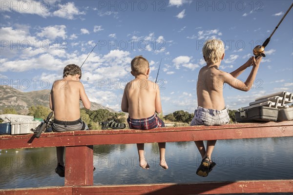 Utah, Highland, Rear view of shirtless boys