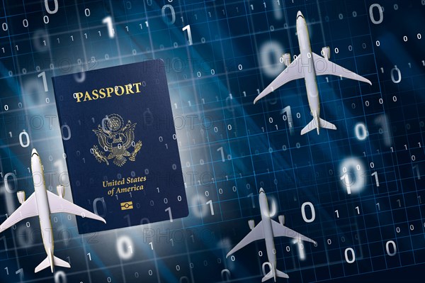 US e-passport with airplanes and binary numbers