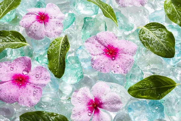 Pink flowers and green leaves on ice cubes