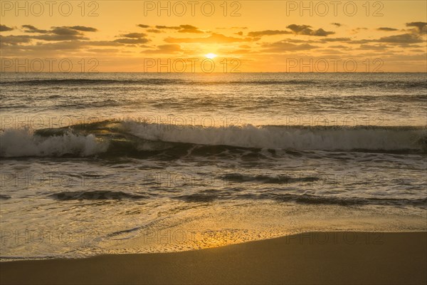 Calm ocean wave breaking onto sandy beach at sunrise