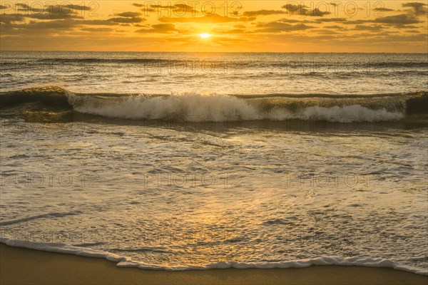 Calm ocean wave breaking onto sandy beach at sunrise