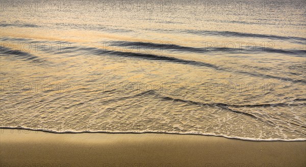 Close-up of calm ocean surf washing up onto beach at sunrise