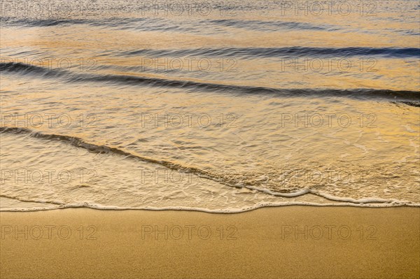 Close-up of calm ocean surf washing up onto beach at sunrise