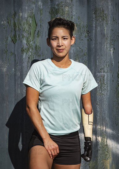 Portrait of athlete woman with prosthetic arm