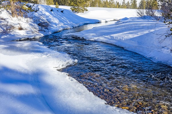 Creek in snow covered landscape