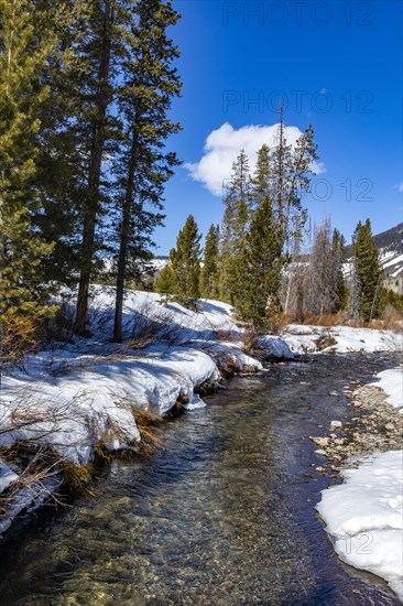 Creek in snow covered landscape