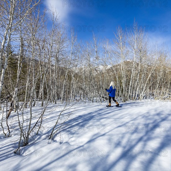 Senior blonde woman snowshoeing in snow covered landscape