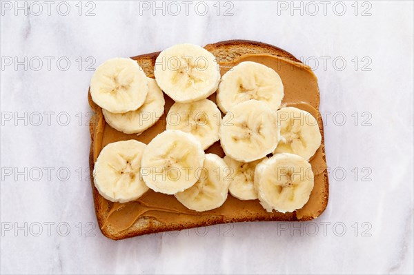 Overhead view of peanut butter and banana toast