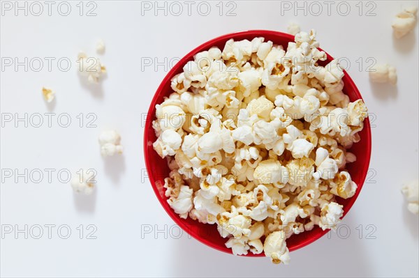 Overhead view of bowl of popcorn