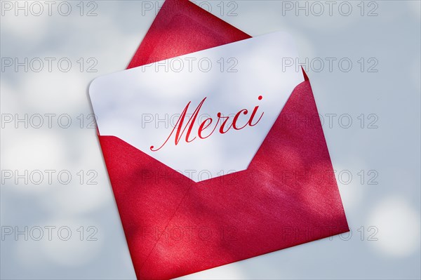 Overhead view of Thank you card and envelope