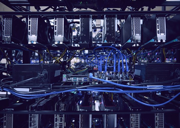 Close-up of computer cables and hard drives in server room