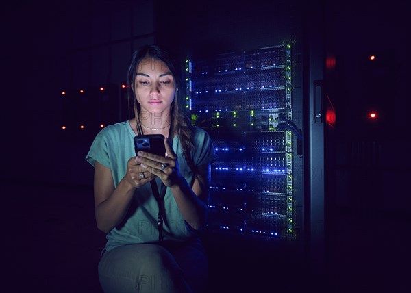 Technician using smart phone in server room