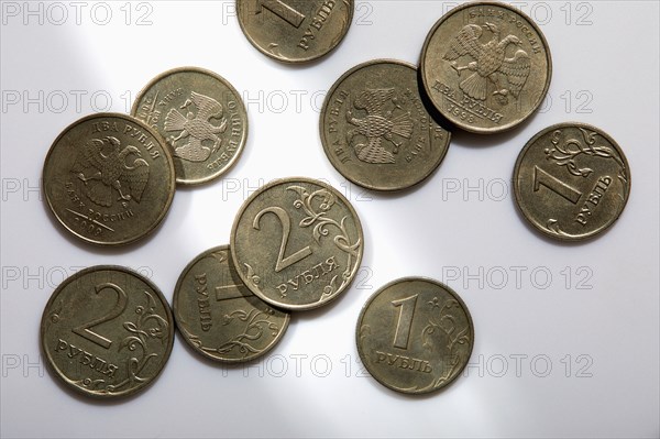 Overhead view of Russian Rubles on white background