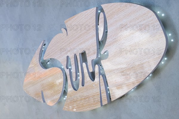 Close-up of wooden surfing sign