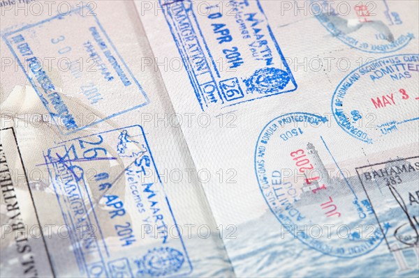 Close-up of passport stamps