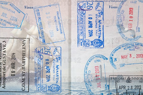 Close-up of passport stamps