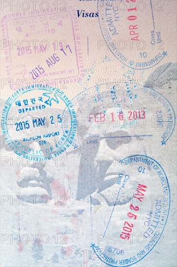 Close-up of passport stamps