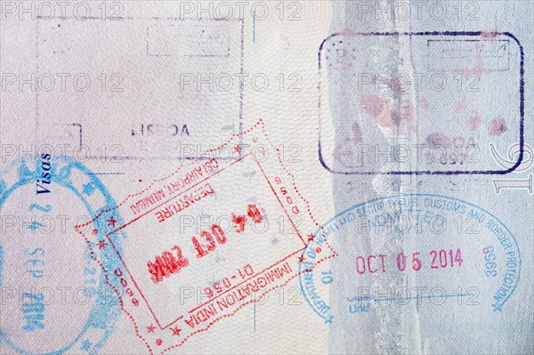 Close-up of passport stamps