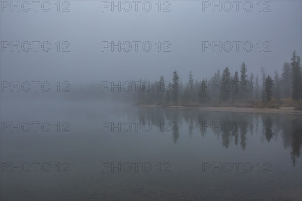 Fog over lake and forest in autumn