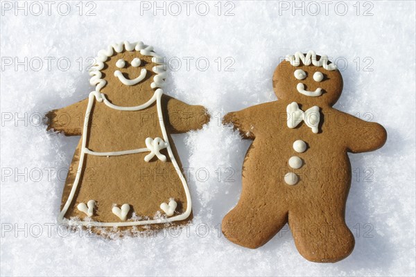 Gingerbread man and woman cookies in snow