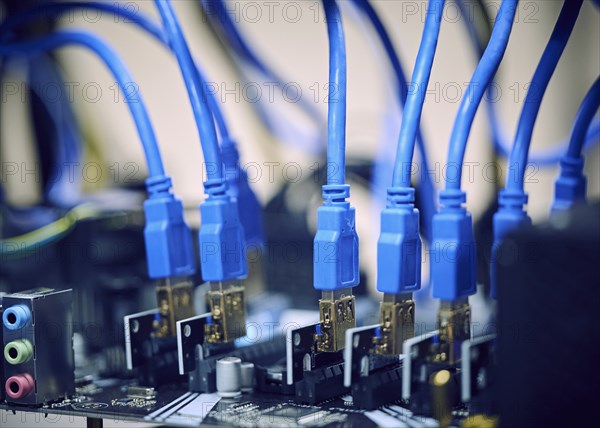 Close-up of computer cables in server room