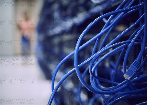 Close-up of computer cables in server room