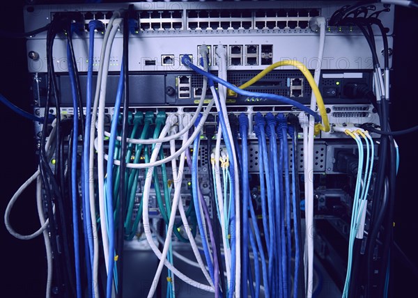 Close-up of computer cables in server room