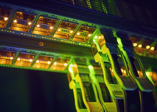 Close-up of computer cables in server room