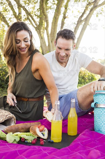 Woman and man enjoying picnic in park