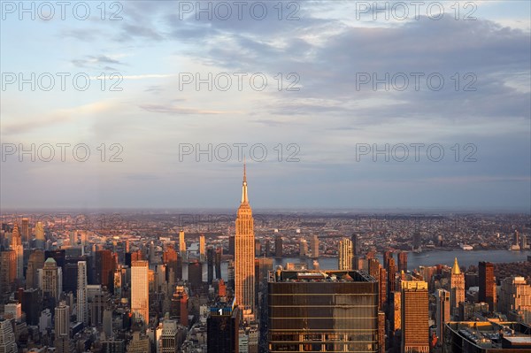 Aerial view of Manhattan skyscrapers at sunset