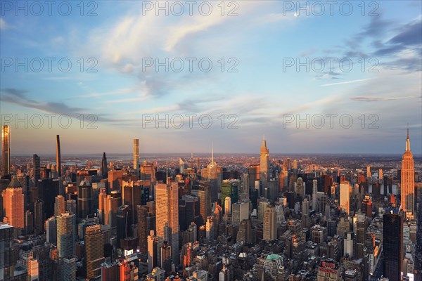 Aerial view of Manhattan skyscrapers at sunset