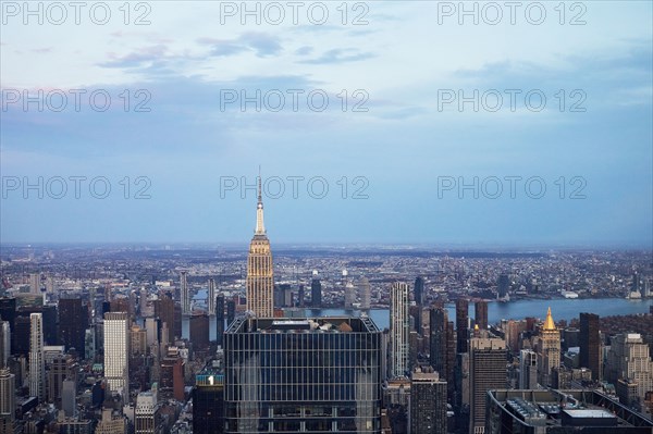 Aerial view of Manhattan skyscrapers at dusk