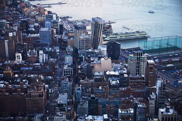 Aerial view of Chelsea apartment buildings and Hudson river