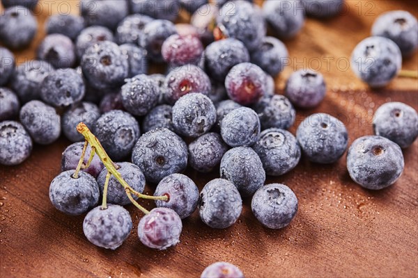 Studio shot of fresh blueberries on wooden surface