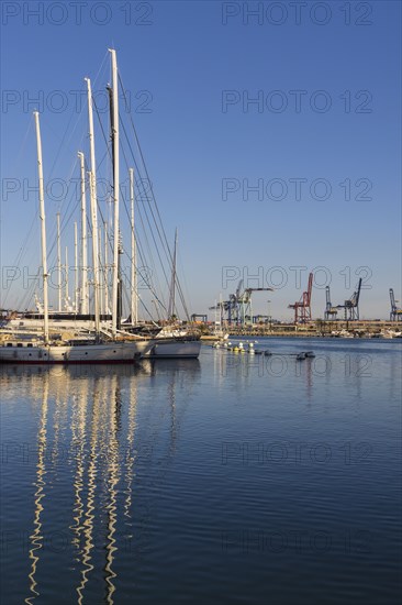Sailboats moored at marina with dock cranes in background