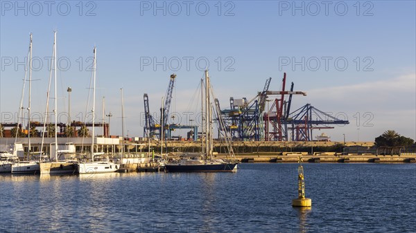 Sailboats moored at marina with dock cranes in background
