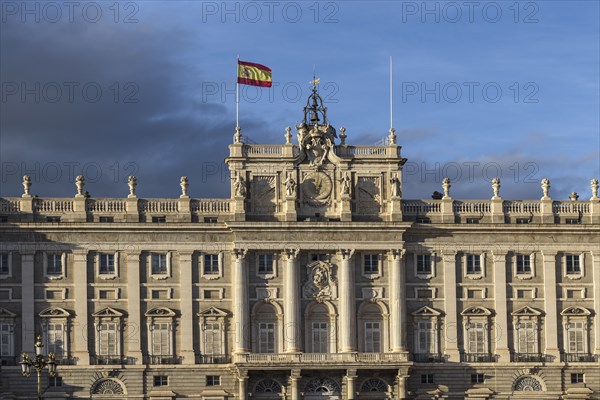 Spain, Madrid, Royal Palace of Madrid with Spanish flag