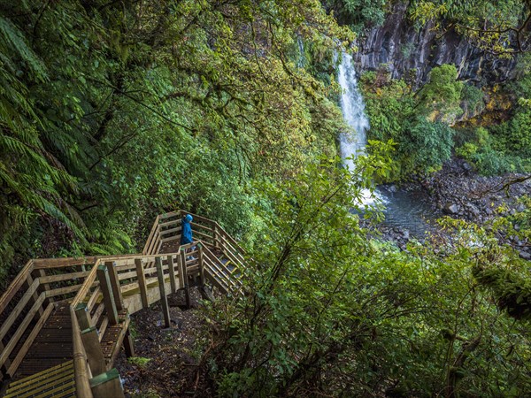Hiker walking down wooden stairs towards waterfall