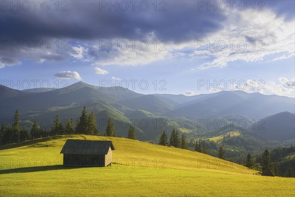 Wooden hut in rural landscape in Carpathian Mountains