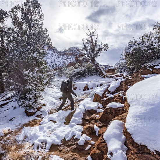 Senior woman hiking in mountains in winter