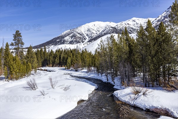 Snowy landscape with Big Wood River in winter