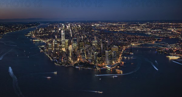 Aerial view of lower Manhattan illuminated at night