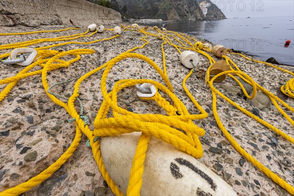Nautical rope and buoys on sea coast